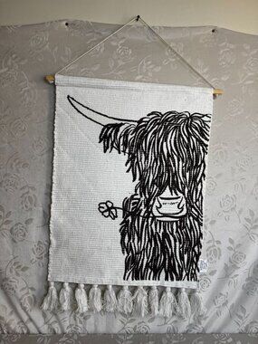 Highland Cow Woven Wall Hanging Tassels Woven Tapestry Art Boho Farmhouse Decor